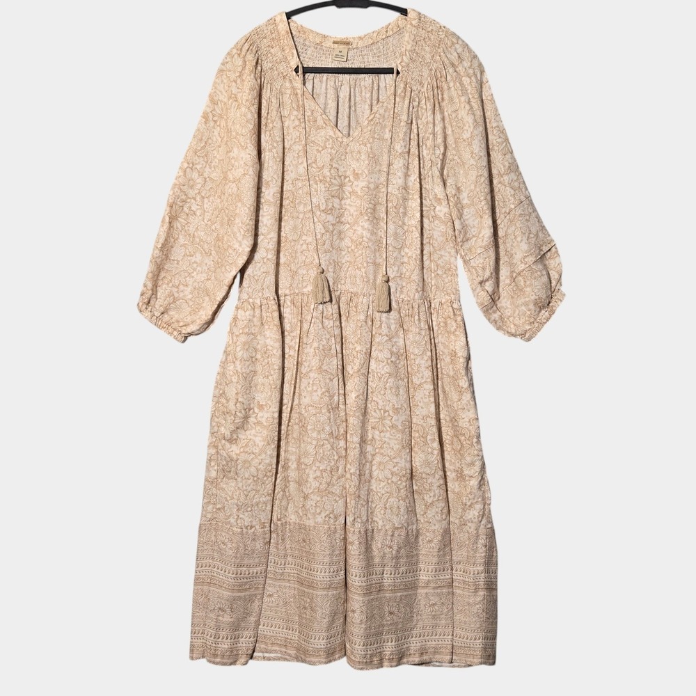 Magaschoni 100% Linen Floral 3/4 Sleeve Midi Dress M Boho Tassel‎ Romantic